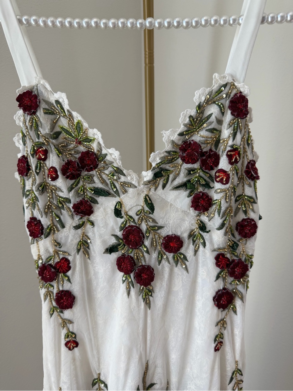 Embroidered White Maxi Dress with Red Floral Detail - Picture 2 of 5